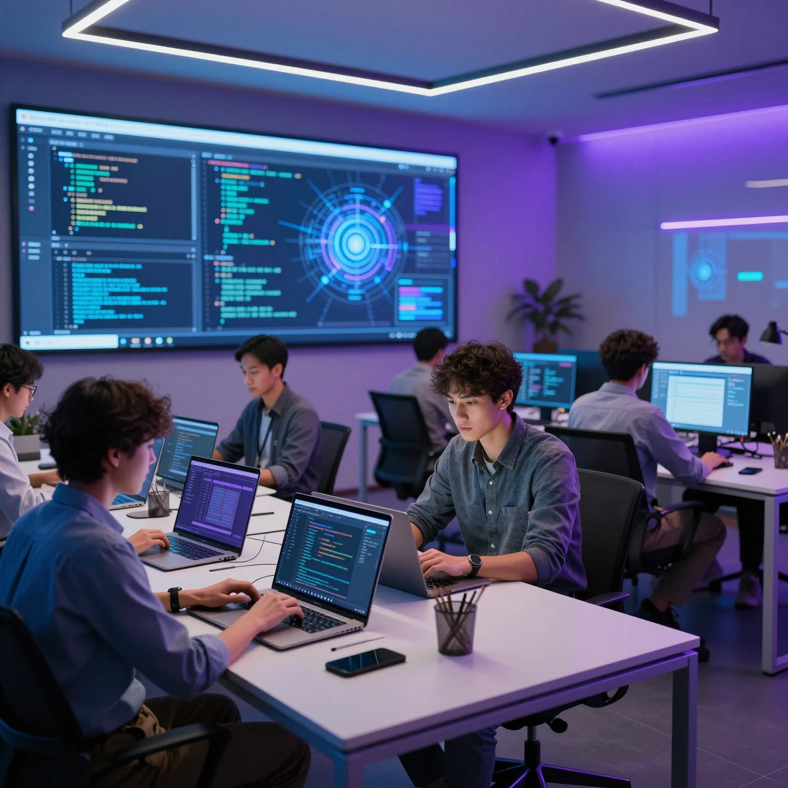 A modern software company office where developers are working on ...