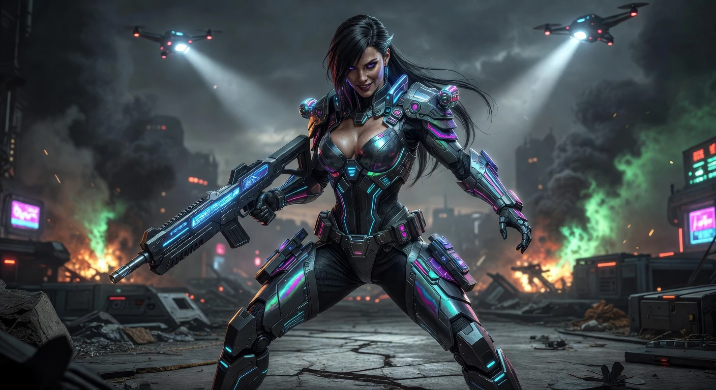 Cyberpunk warrior stands alone in burning ruins 🤯