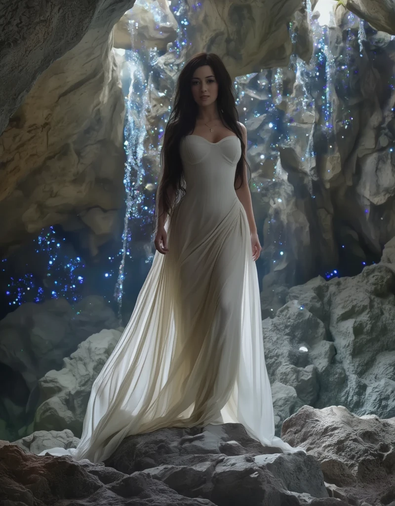 A woman in a white dress stands on rocks in a dark cave. The walls and ...