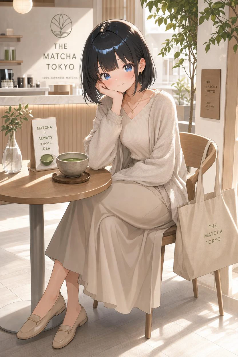 Background THE MATCHA TOKYO 衣装: concept、elegant and soft adult cute relaxed style。centered around beige and off-white where the green of matcha and the warmth of wood shine。 Recommended costume details tops Off-white〜light beige loose long sleeve knit tops(V-neck or simple round neck)。 with slightly roomy sleeves、Soft material that naturally determines the pose of holding a cane or resting your arm on a table。 bottoms Midi length flared skirt that is also light beige(Knee〜calf size)。 that spreads nicely when you sit、a silhouette that is easy to move and relax for a long time。 coat that blends naturally into THE MATCHA TOKYO's white-based, modern, and relaxed atmosphere Sheer light beige or cream oversized cardigan(or a soft knit jacket)。 you can quickly put it on to protect against the air conditioning、and looks cute when you take it off。 feet Beige flat loafers or simple slip-ons。 soft and comfortable things to wear in a cafe。 accessories Small beige or light brown canvas tote bag(Or a drawstring bag)。 modest gold accessories(thin chain necklaces and small earrings)。 make use of a black bob for the hairstyle、that feels natural enough to wear on your ears。