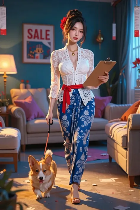 Choosing Furniture wiht her corgi  🐶