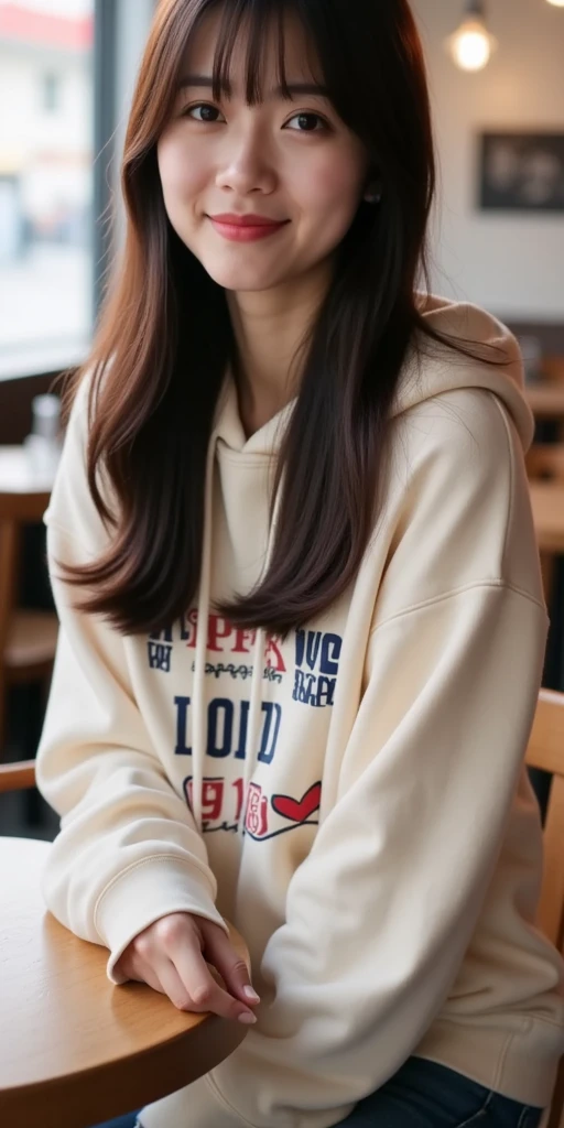 The image shows a young woman sitting in a modern café setting. She has long, straight, dark brown h v2
