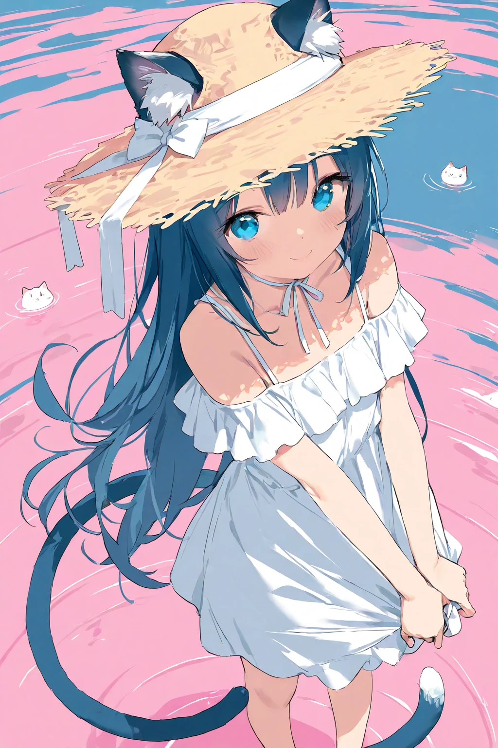 夏日粉色水边的猫耳少女呀✨