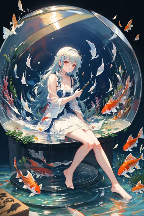 [(Transparent background:1.5)::5],(((masterpiece))),(((best quality))),(((extremely detailed))),illustration, 1girl,solo,mysterious,vivid color,shiny, underwater transparent sealed hemispherical glass dome, white hair,red eyes, full body,barefoot,long hair tranquil nature, koi,Underwater, Dome,close up,Dynamic actions,Lens perspective,(((Box composition))),sit cross-legged and lean against the bookshel,(arm + hand + 1thumb + 4finger),(Impressionism:1.4)