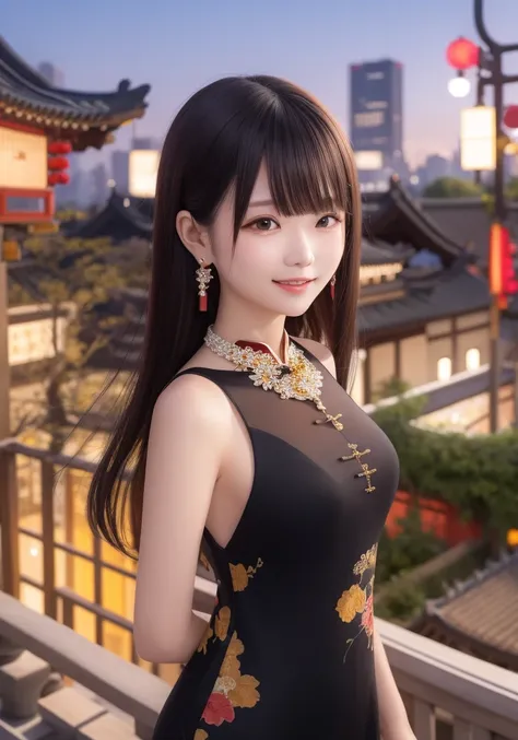 (see-through silhouette),depth of field,bokeh,Beautiful face,hair ornament, solo,looking at viewer,smile,closed mouth,lipschina dress,dress,hair ornament, necklace, jewelry, long hair, earrings, chinese clothes,architecture,east asian architecture,building,outdoors,rooftop,city,cityscape