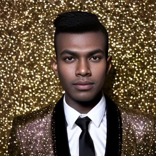 face, pleasing eyes, relaxing mouth, looking straight, closeup portrait, 20 year old young black (man:1.3), shaved head, wearing purple suit jacket, stubble, in 2015, gold glitter background