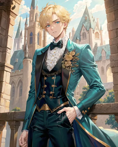 1boy, (man), manly body, anime, extremely detailed, hyper detailed, (broad shoulders), (PERFECT FACE), illustration, soft lighting, 2d, intricate, cowboy shot, detailed eyes, blonde hair, short hair, teal eyes, sexy, toned, black tuxedo, (outside), castle tower