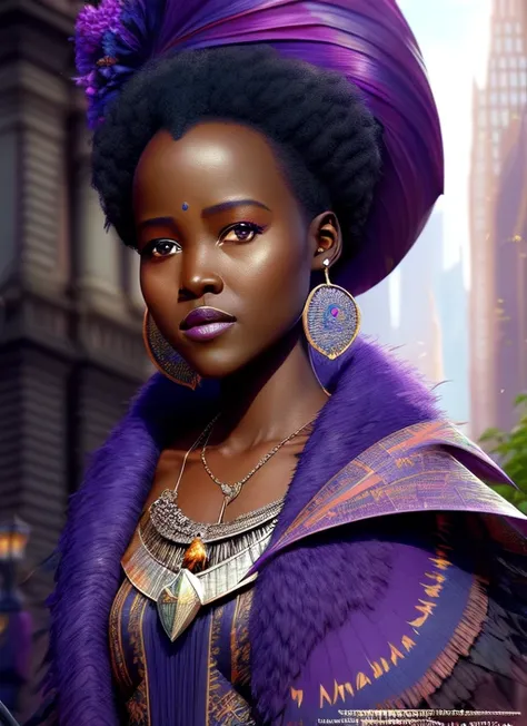 (extremely detailed),( octane render 8k wallpaper),(masterpiece), (best quality), (face portrait of:1.4) (an old african (female:1.11) witch), Lupita Nyong'o:1.21, city street, fantasy empire, Style-Glorious, crowd, lots of plants, purple flag, godrays warm colors, hyperrealistic, , detailed background, ultra detailed by greg rutkowski