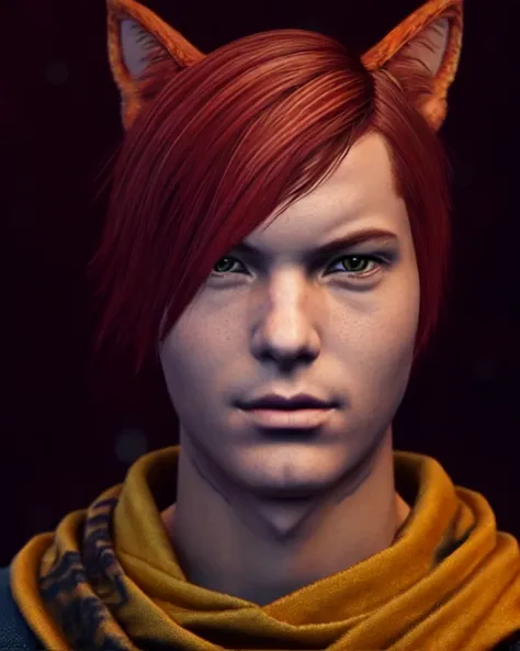 prilosecotc1, 1boy, male_focus, solo, closed_mouth,, bishonen, cat ears, animal ears, red hair, x hair ornament, scarf, realistic, detailed eyes, hyper detailed, highly detailed, beautiful, small details, ultra detailed, best quality, intricate, hyperrealism, sharp, digital illustration, detailed, realism, intricate, 4k, 8k, trending on artstation, good anatomy, beautiful lighting, award-winning, photorealistic, realistic shadows, realistic lighting, beautiful lighting, raytracing, intricate details, moody, rule of thirds, masterpiece, (illustration:1.1), highres, (extremely detailed CG, unity, 8k wallpaper:1.1), beautiful face, highly detailed face, ultra realistic, masterpiece, bokeh, extremely detailed, intricate, zoomout, colorful, vibrant colors, <lora:Copy of Copy of last:.7>