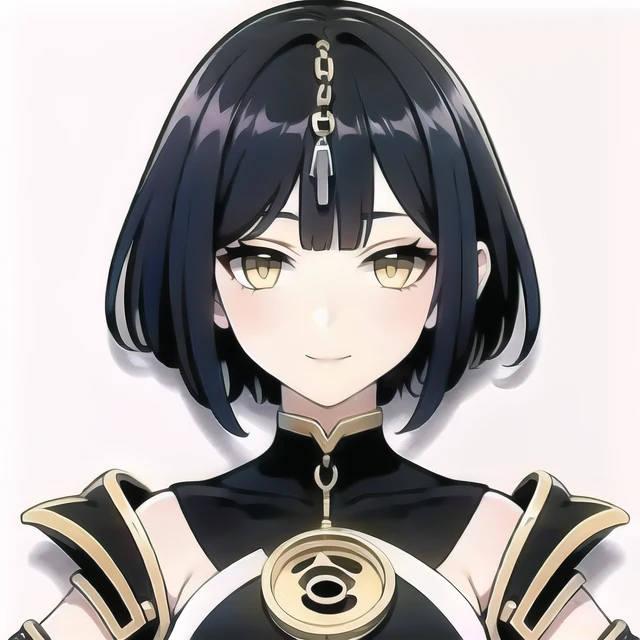 datou,(white background,solo,upper body,shiny:1.3),smile,
1girl, bangs, black_hair, chain, closed_mouth, looking_at_viewer,short_hair,yellow_eyes