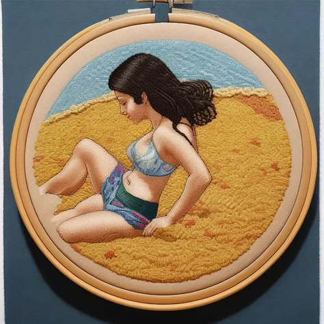 girl lying on the sand in bikini, embroidery by embarg