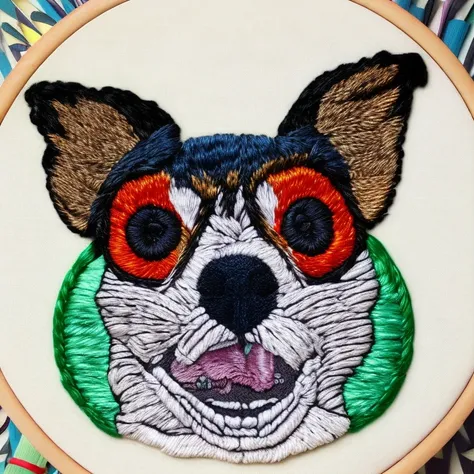 chiwawa dog with bulging crazy psycho eyes, embroidery by embarg