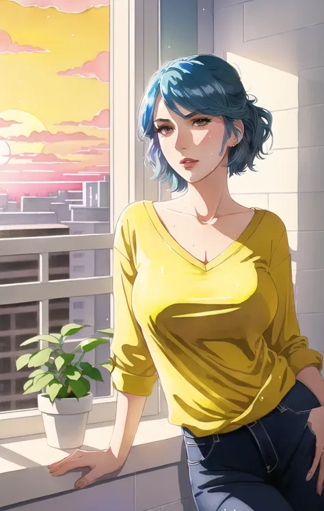 1girl, mature woman, ((full length shot)), masterpiece, professional illustration, standing, (blue hair), shouting, angry, mad, (sweating), (wet face), (large breasts), tall, long legs, portrait, anatomically correct, (full body), skin texture, anime eyes, perfect eyes, beautiful, gorgeous, European, beautiful body, (wearing black pants), ((yellow shirt)), short hair, arched eyebrows, perfect hands, original image, perfect image, professional, perfectly drawn, professional illustration, fashion model, sexy model, photo shoot, pink, party lights, lights, photo studio, creative studio, plants, green plants, white pots with plants, pretty face, cute, (sunset:1.3), night setting, neon reflections, neon lights, highly detailed background, apartment background, studio apartment, shallow depth of field, tiled wall, Bokeh, gorgeous photo, watercolors, pastel watercolors,  otzk