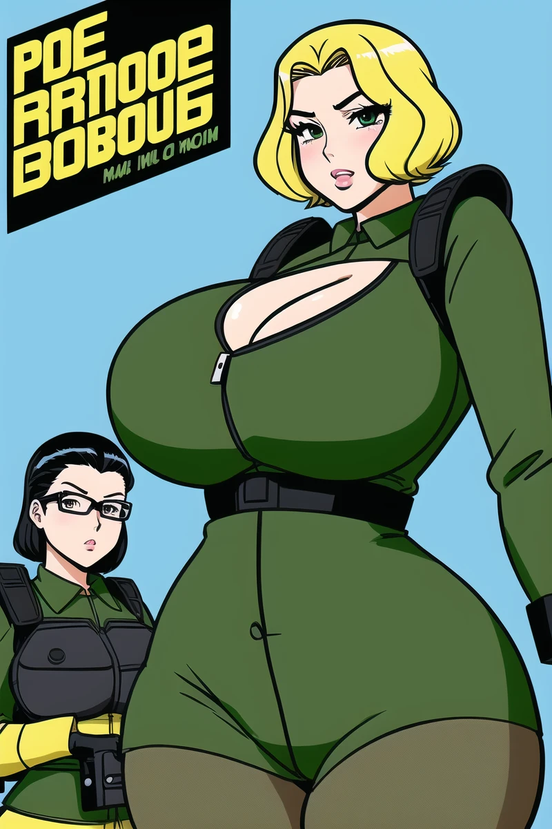 Military Girl, military outfit, green military clothing, sexy clothing, action, action setting, shooting guns, holding guns, rain of bullets, action scene, big breasts, large boobs, cleavage, exposed breasts, big boobs, long legs, detailed eyes, matching eyes, perfect face, lips, cute nose, action comic, sci-fi, retro futurism, anime style, retro anime, comic, manga, illustration, masterful artwork, professional illustration, professional animation, texture, animated character, perfectly drawn, line art, retro art, duo-tone, thick outlines, pop art, 80's style, sexy, thick thighs, otzk