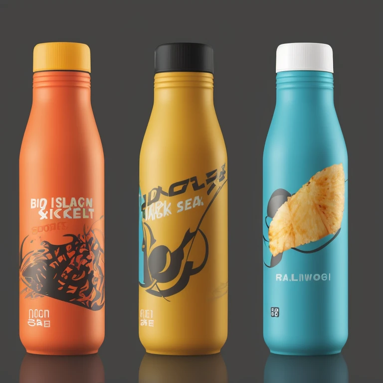 . A sport drink as a bottle with a modern packaging, H2o text, h2o, orange and pineapple flavor, product labelling drink, mate black and yellow and orange colors