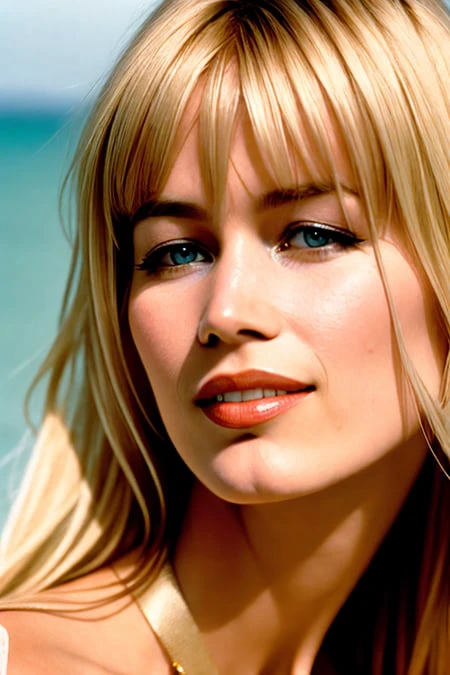 photo of (90s blonde supermodel CL4UD1A5) smiling, (long hair with bangs, eyeliner makeup, eyeshadow:1.2), ((posing in bikini)) in the beach, full body, extremely detailed, Playboy centerfold, Playmate, 8k, Intricate, High Detail, Sharp focus, modelshot, hasselblad,(film grain, vivid colors, film emulation, kodak gold portra 100, 35mm, canon50 f1.2)