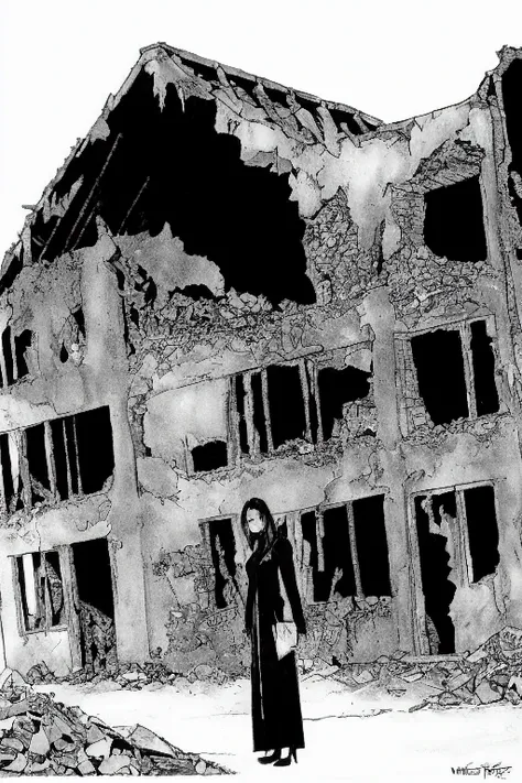 TheRPGCharGenEsAFArt destroyed ((tank)), warrior 1girl, in front of an old ruined building,
