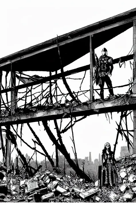 TheRPGCharGenEsAFArt ((epic warrior punk girl and man)) standing on a destroyed tower, rising out of the smoke destroyed in the far distance ((sci-fi skyline))