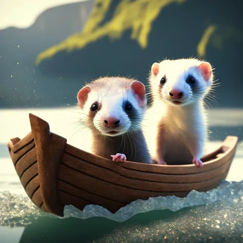 (Tiny cute ferret:1.1) on a little boat on the river, dynamic colors, octane rendering, ultra detail, intricate details, volumetric lighting, photo realistic, lifelike, photography,