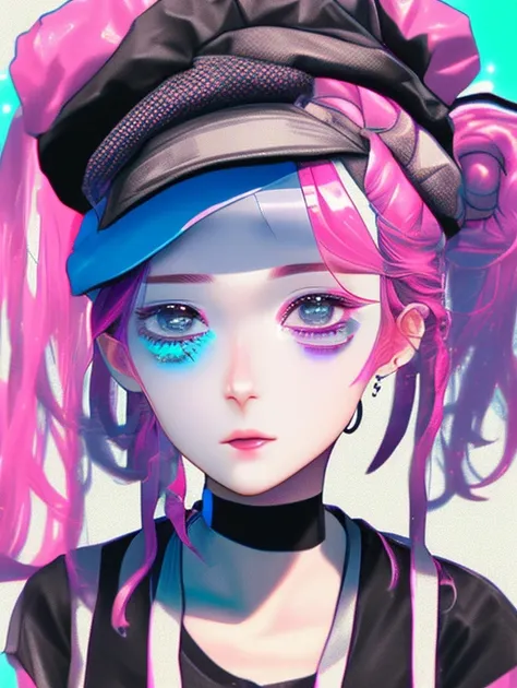 1girl beret black_camisole black_headwear blue_eyes braid camisole glitch hat head_tilt k-pop layered_clothes looking_at_viewer medium_hair one_eye_closed parted_lips pink_hair portrait realistic shirt solo t-shirt twin_braids white_shirt