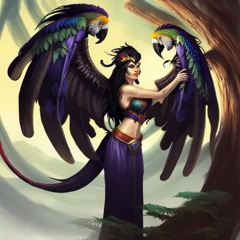 newhorrorfantasy_style, female sorceress, mesoamerican, macaw feathers, tropical jungle