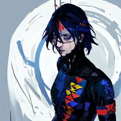 girl ((masterpiece, highres , absuredres, nixeu, semi-realistic, anime, falke, falke_signalis)), (upper body, closeup), two tone bodysuit, black bodysuit, yellow bodysuit, blue eyes, red pupils, red eyeliner, solo, looking at viewer, sci-fi, space station, indoors, ((solo), female_focus, from above), bedroom <lora:Falke:1> <lora:DiscoElysiumStyle_v1:1>