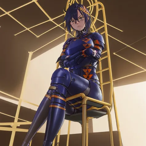 ((masterpiece, best quality, detailed absuredres, Falke, Falke_Signalis)), bodysuit, two tone bodysuit, (sitting on chair, girl, chair, sitting, bedroom), crossed arms, looking at viewer, highres, (solo, from below), arms_crossed, frown, looking down, no feet  <lora:Falke:0.8>