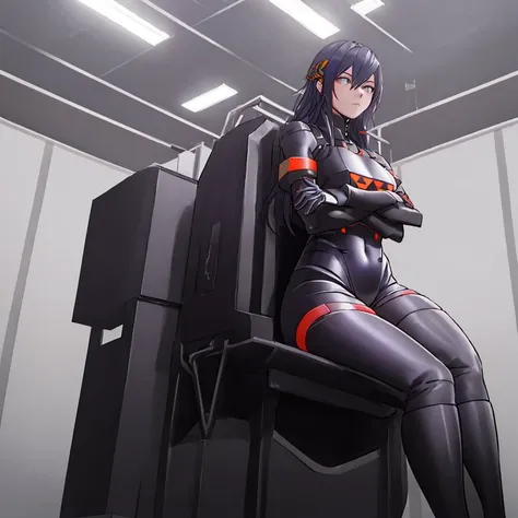 ((masterpiece, best quality, detailed absuredres, Falke, Falke_Signalis)), bodysuit, yellow bodysuit, red bodysuit, (two tone bodysuit), (sitting on chair, girl, chair, sitting, bedroom), crossed arms, looking at viewer, highres, (solo, from below), arms_crossed, frown, looking down, no feet, derlict space station, ruined space station interior <lora:Falke:0.7>