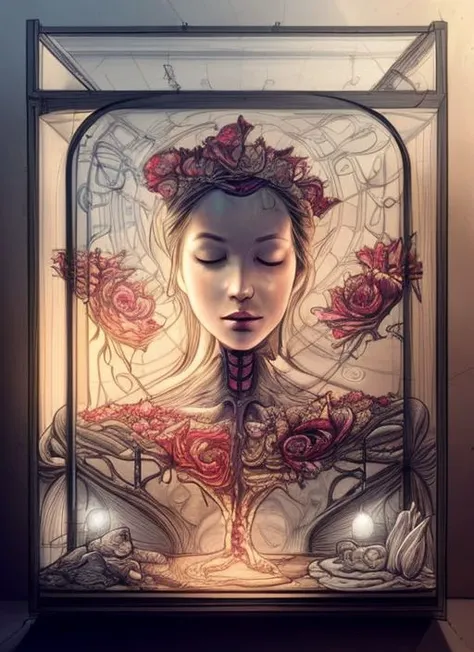 sks place, knollingcase, (b&amp;w:1.2),
(symmetry:1.1) (floral:1.05) woman as a beautiful goddess, pink and gold and opal color scheme, beautiful intricate filegrid facepaint, intricate, elegant, highly detailed, digital painting, artstation, concept art, smooth, sharp focus,
labelled, overlays, oled display, annotated, technical, knolling diagram, technical drawing, display case, dramatic lighting, glow, dof, reflections, refractions