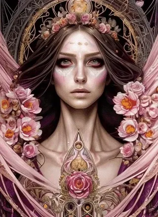 sks place (symmetry:1.1) (portrait of floral:1.05) a woman as a beautiful goddess, (assassins creed style:0.8), pink and gold and opal color scheme, beautiful intricate filegrid facepaint, intricate, elegant, highly detailed, digital painting, artstation, concept art, smooth, sharp focus, illustration, art by greg rutkowski and alphonse mucha, 8k