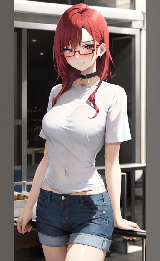 1girl, looking at the viewer, red hair, glasses, shirt, eyes, bangs