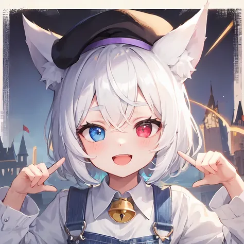 (masterpiece, best quality), 1boy, solo, white short hair, wolf ears, wolf tail, long eyebrow, heterochromia, red eye on right eye, blue eye on left eye, white shirt, blue overalls, white-framed eyewear, purple beret on left head, neck bell, light smile, fantasy, castle