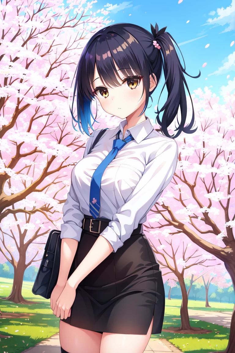photo of a iom girl, 1girl, solo, outdoors, cherry blossom trees, white shirt, collared shirt, medium hair, black skirt, miniskirt, pencil skirt, necktie, black necktie, high_resolution, distinct_image, high_contrast, 8K, glitter, beautiful_detailed_face_and_eyes, (blue hair:1.25), white eyes, side ponytail,