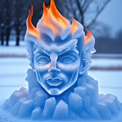 flame ice sculpture, beautiful face, in the snow