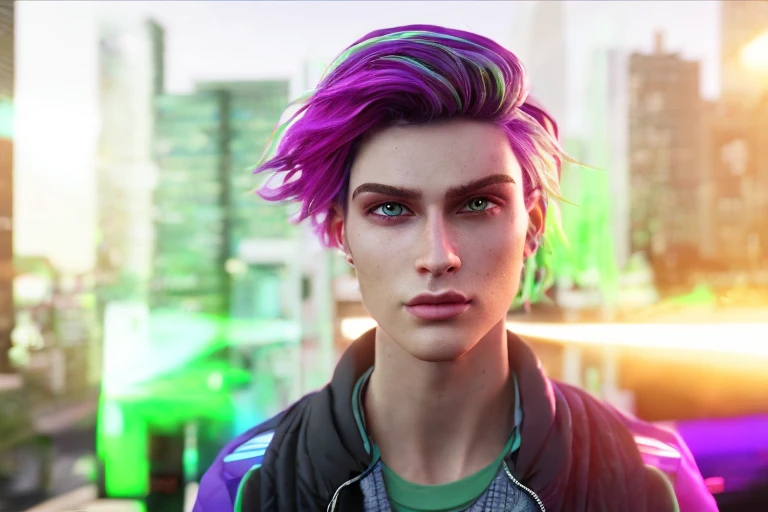 dskflll, nonbinary transmasculine person with  green purple red streaked hair,  incredibly detailed beauty, standing inside an arcade, rim lighting, cinematic ,lighting ,photo quality, octane render, extremely detailed, 8k concept, 128k, 108mp DSLR,  dskflll