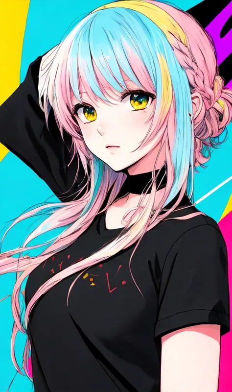 style that uses scratchy rough line art, the colors are limited to cyan pink and yellow, beautiful girl, thick black lines, black outlines, black shirt with yellow text, highest quality anime style, highly detailed, smooth lines, 4K UHD image, hdr, accurate detailing, hyperdetailed:1.2), best quality, masterpiece, 8k, Amazing art, fine masterpiece, highres