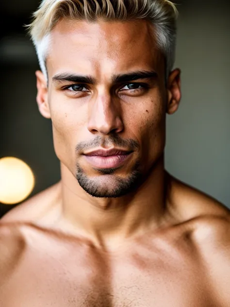 full frame, Close portrait, cute, male model, muscular Caribbean male, beige aged skin, asymmetrical hair, amber eyes, (skin texture), skin pores, shallow depth of field, sharp eye focus, backlit