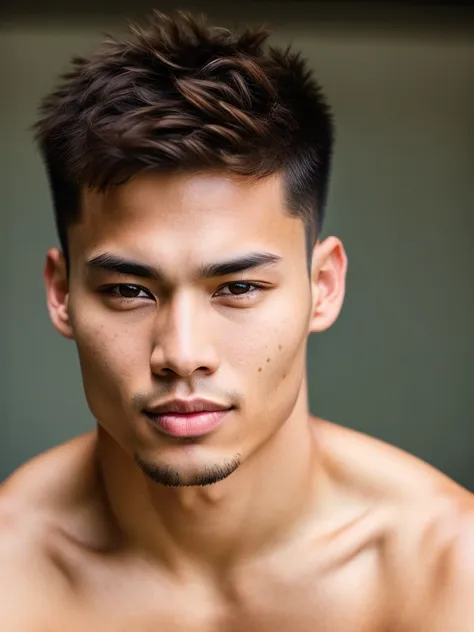 full frame, Close portrait, cute, male model, Herculean Chinese male, taupe clear skin, auburn buzzcut hair, heterochromia eyes, (skin texture), skin pores, shallow depth of field, sharp eye focus, backlit