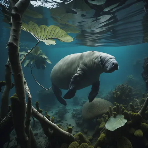 Manatee in Himalayan subtropical broadleaf forest Open atmosphere Rembrandt lighting