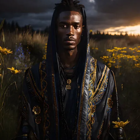 Reflector portrait shot of Djinn in Wildflower meadow, photorealistic, cinematic lighting, volumetric lighting, dark atmosphere,