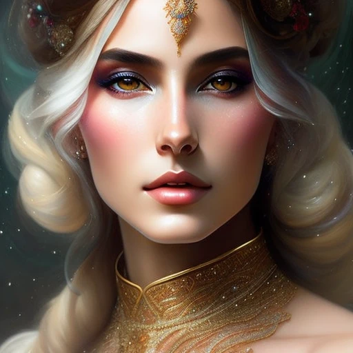 Beautiful portrait of a gorgeous princess, beautiful princess, round shaped face, round button nose, glowing glass skin, sparkling hazel green eyes, highlighted chestnut brown long straight hair, adorned in intricate golden jewelry, confident half smile, face painting, dramatic lighting, intricate, wild, exotic beauty, highly detailed, digital painting, artstation, concept art, smooth, sharp focus, illustration, art by artgerm and greg rutkowski and alphonse mucha, footage from space camera