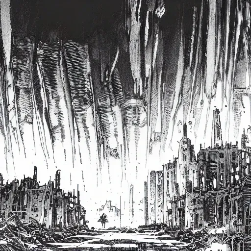 NauSKaaValOfWi,  monochrome, greyscale, waterfall, tree, water, rain, giant robots mecha walking in a destroyed metropolis city   looking_at_viewer, wall of fire, expulsions, end of the world