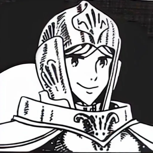 NauSKaaValOfWi, monochrome, solo, greyscale, male_focus, helmet, 1boy, smile, armor, cape, traditional_media, upper_body, closed_mouth, looking_at_viewer