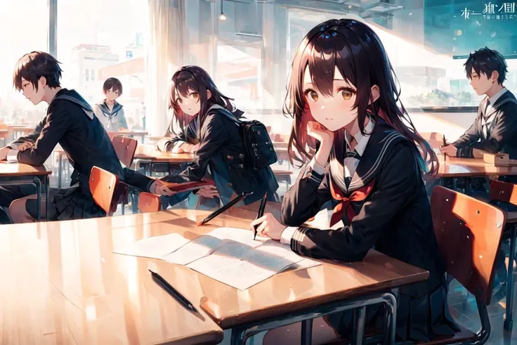 ((masterpiece, best quality)),best aesthetic,1girl, school uniform, desk, sitting, school desk, brown hair, classroom, long hair, indoors, chair, looking at viewer, :p, solo focus, brown eyes, skirt, long sleeves, pencil, multiple boys, pencil case, paper, black serafuku, multiple girls, pleated skirt, sailor collar, bangs, head rest, bag, school chair