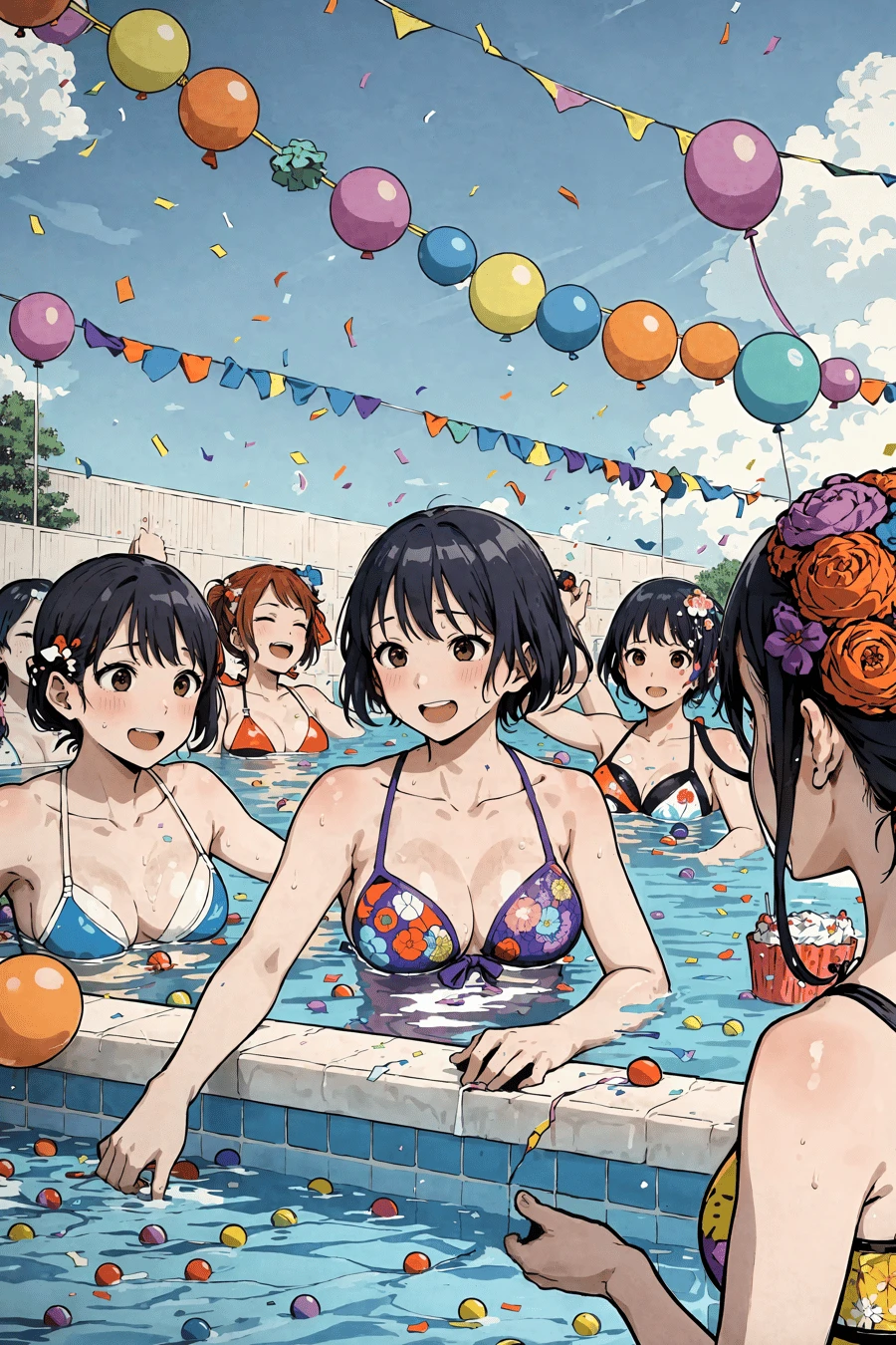 Group of woman swimming in a pool, pool party, balloons and confetti, cakes everywhere, (art by Yuko Shimizu:1.2), orange and purple,