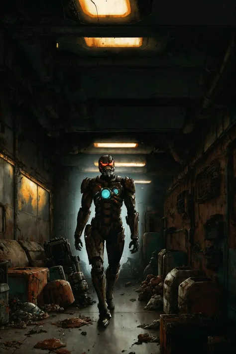 Screenshot from DeadSpace \(video game\), mechanized man, destroyed spaceship corridor background, clutter and mess everywhere, realistic, kodachrome, cinematic, art by jeremy mann and george tooker,