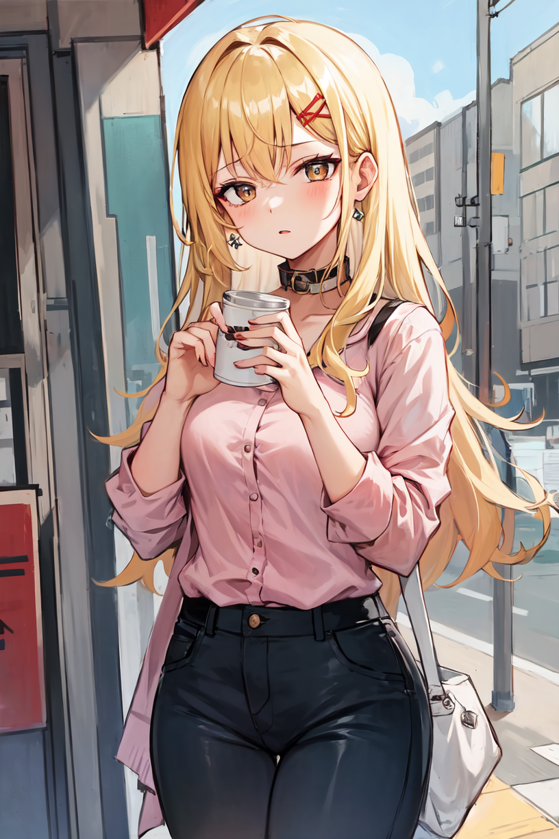 Anime girl with blonde hair and glasses holding a cup of coffee - SeaArt AI