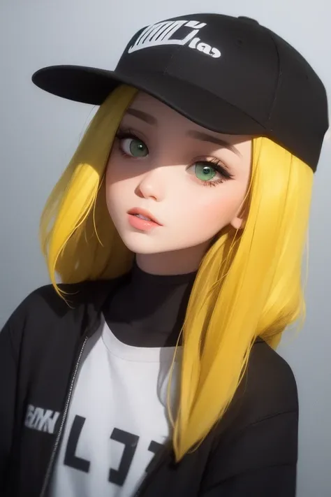 best quality, masterpiece, green eyes, yellow hair, upper body,blue cap