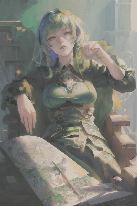 ultra-detailed, illustration,realistic, (((masterpiece))),(((best quality))),((high quality)),(((extremely high quality))),(((extreme detailed illustration))),((original)),nababa style,1girl,green hair <lora:nababaStylizedLora_nababaNormal:0.6>