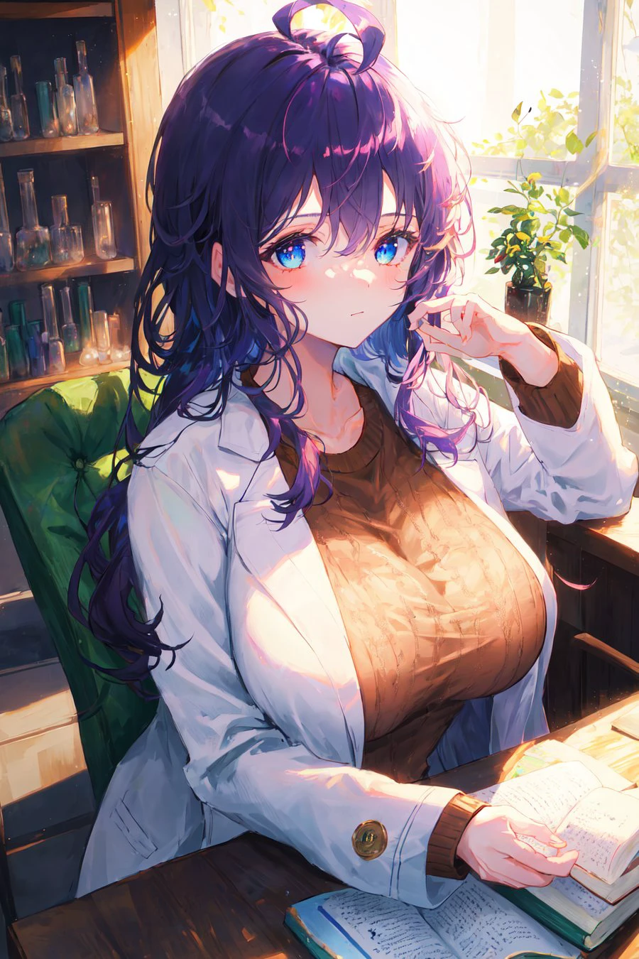 1girl, masterpiece, best quality, extremly detailed, Cinematic lighting, intricate detail, highres, official art, finely detailed beautiful face and eyes, high resolution illustration, 8k, dark intense shadows, overexposure, long hair, ahoge, purple hair, blue eyes, lab coat, white coat, open coat, black sweater,huge breasts, sitting on chair, table, beaker, scientist, lab, hands in pocket, book stack, sunshine, upper body, close up